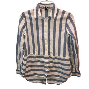 Beymen Club Womens Small Blue White Stripe Long Sleeve Linen Blend Shirt Top S